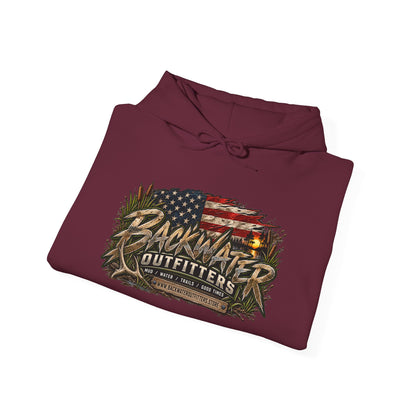 Backwater Outfitters Hoodie — American Flag Outdoor Fishing & Off-Road Pullover Printify