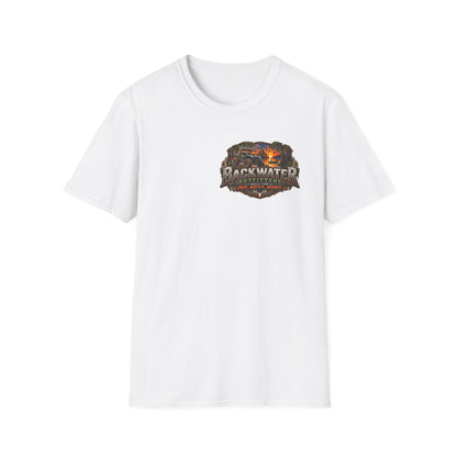 Backwater Outfitters Fishing T-Shirt — Rustic Boat & Campfire Graphic