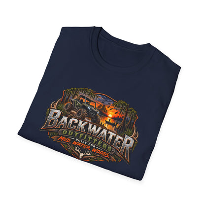 Backwater Outfitters Fishing T‑Shirt — "Raised on Backwater" Bass & Sunset Graphic Printify