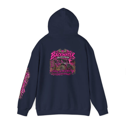 Girl Backwater Outfitters Hoodie — Retro Pink Outdoors Graphic Pullover Printify