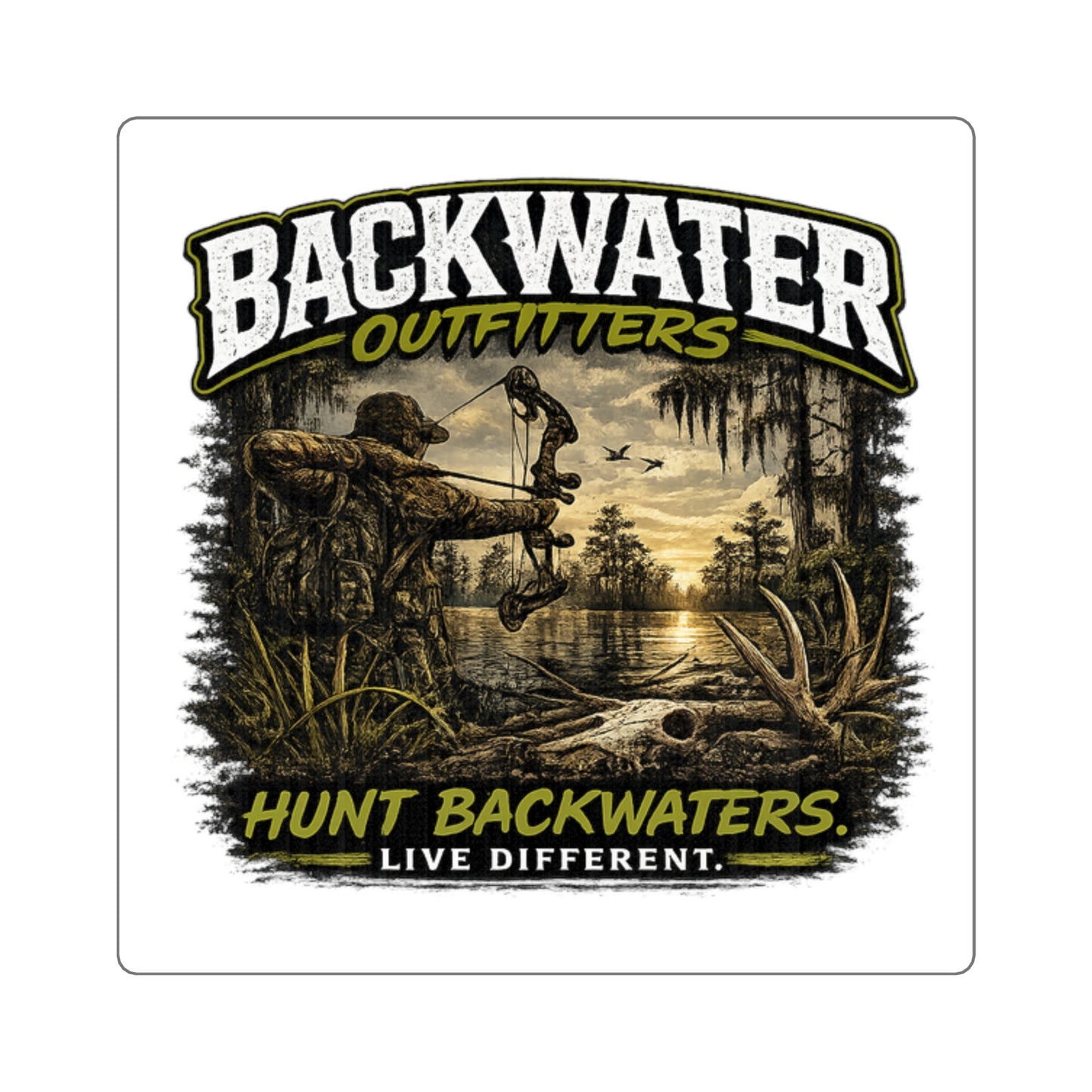 Backwater Outfitters Square Sticker — 'Hunt Backwaters. Live Different.' Outdoor Hunting Decal