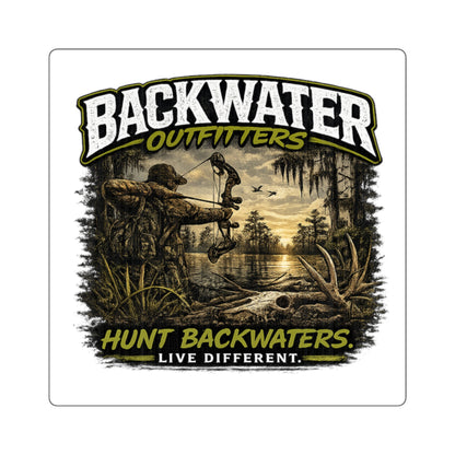 Backwater Outfitters Square Sticker — 'Hunt Backwaters. Live Different.' Outdoor Hunting Decal