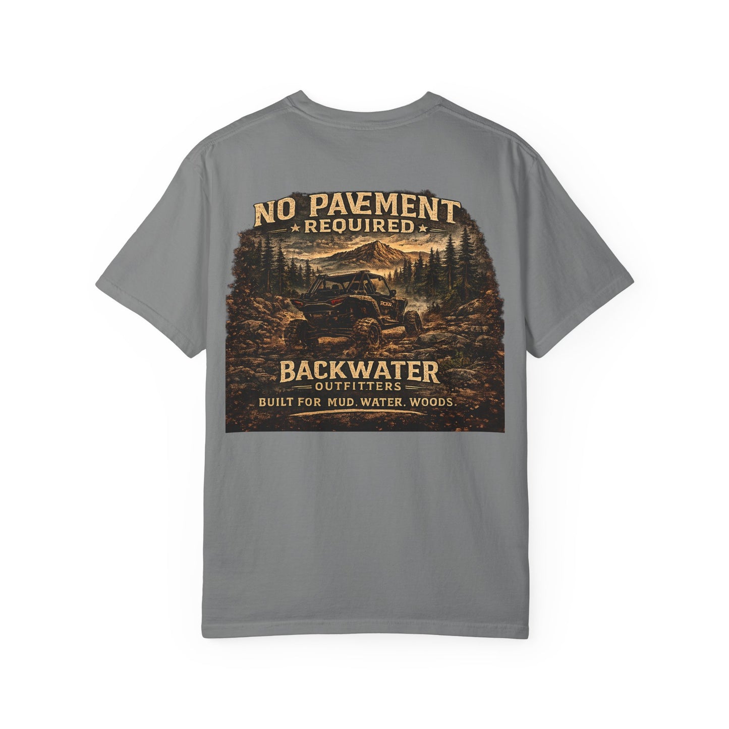 Backwater Outfitters T-Shirt — “No Pavement Required” Off-Road Adventure Tee