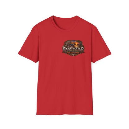 Backwater Outfitters Fishing T-Shirt — Rustic Boat & Campfire Graphic