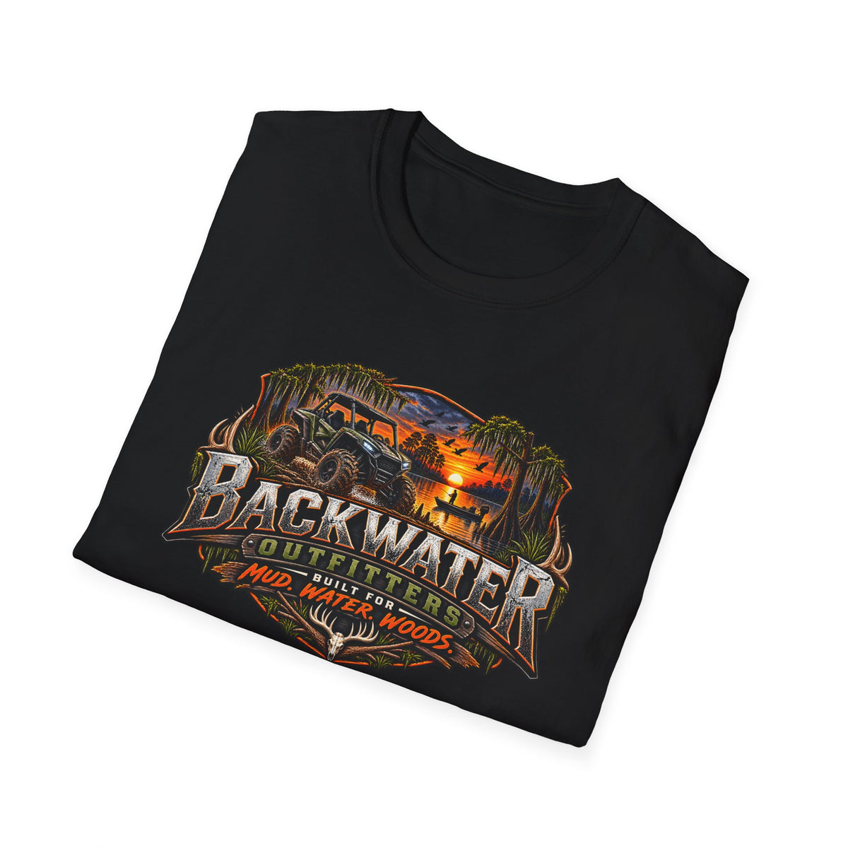 Backwater Outfitters Fishing T‑Shirt — "Raised on Backwater" Bass & Sunset Graphic Printify