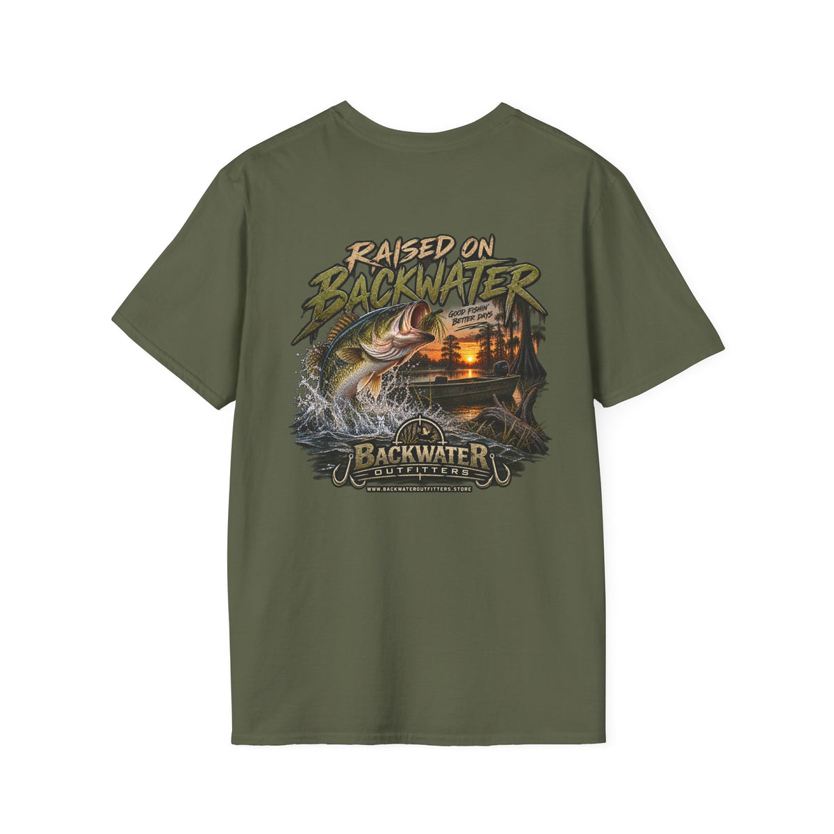 Backwater Outfitters Fishing T‑Shirt — "Raised on Backwater" Bass & Sunset Graphic Printify