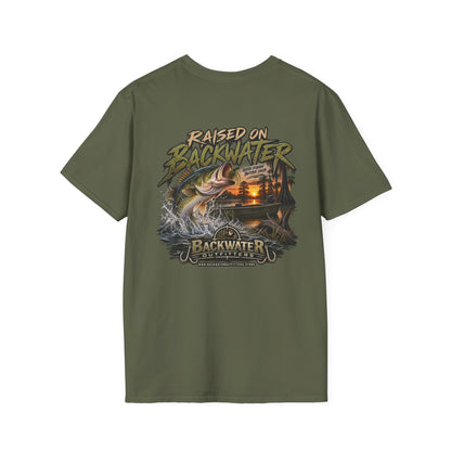 Backwater Outfitters Fishing T‑Shirt — "Raised on Backwater" Bass & Sunset Graphic Printify