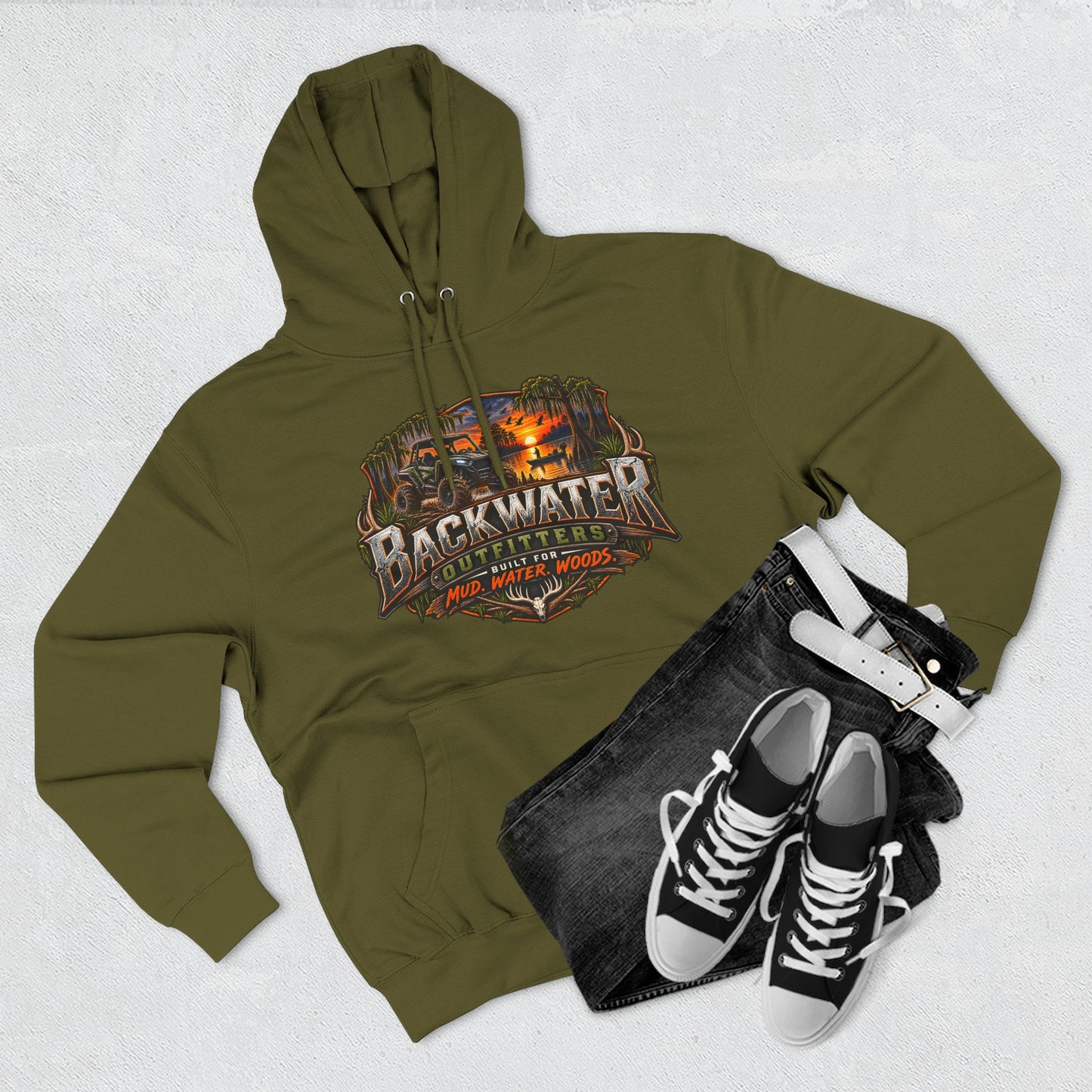 Backwater Outfitters Hoodie — Ride It, Hunt It, Fish It Graphic Pullover