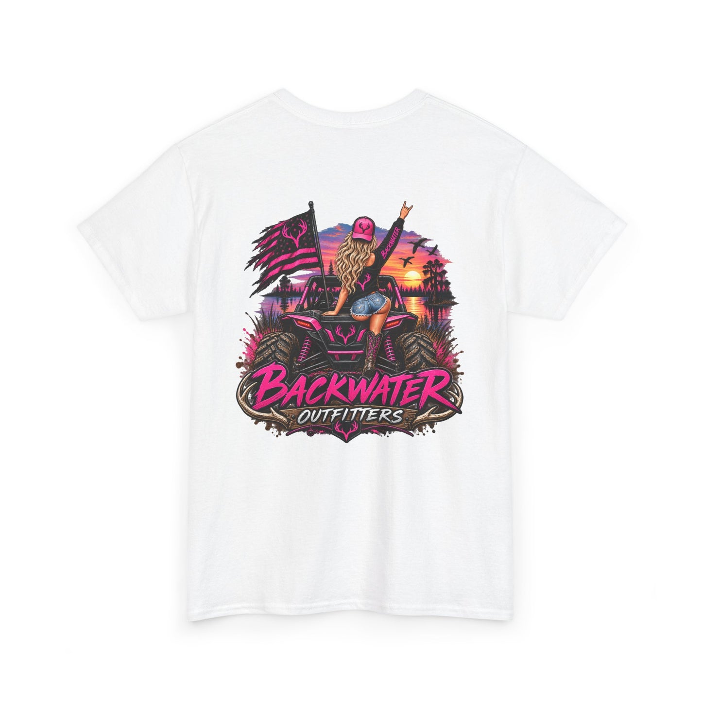 Backwater Outfitters Graphic Tee — Retro Sunset Fishing ATV Shirt