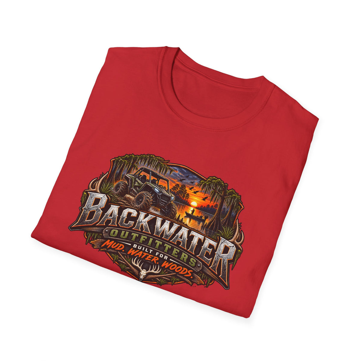 Backwater Outfitters Fishing T‑Shirt — "Raised on Backwater" Bass & Sunset Graphic Printify
