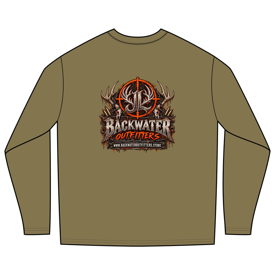 Backwater Outfitters Hunting Long Sleeve Tee – Deer Antler Target Logo Printify