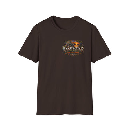 Backwater Outfitters Fishing T-Shirt — Rustic Boat & Campfire Graphic