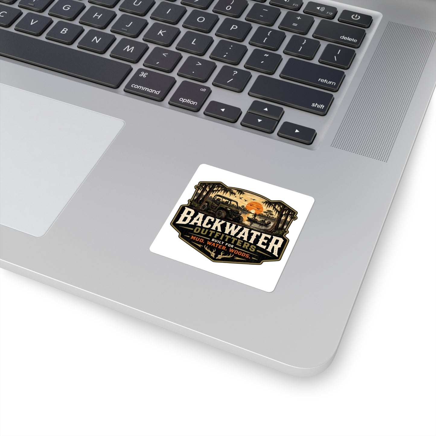 Backwater Outfitters Square Sticker — Mud, Water, Woods Outdoor Adventure Decal
