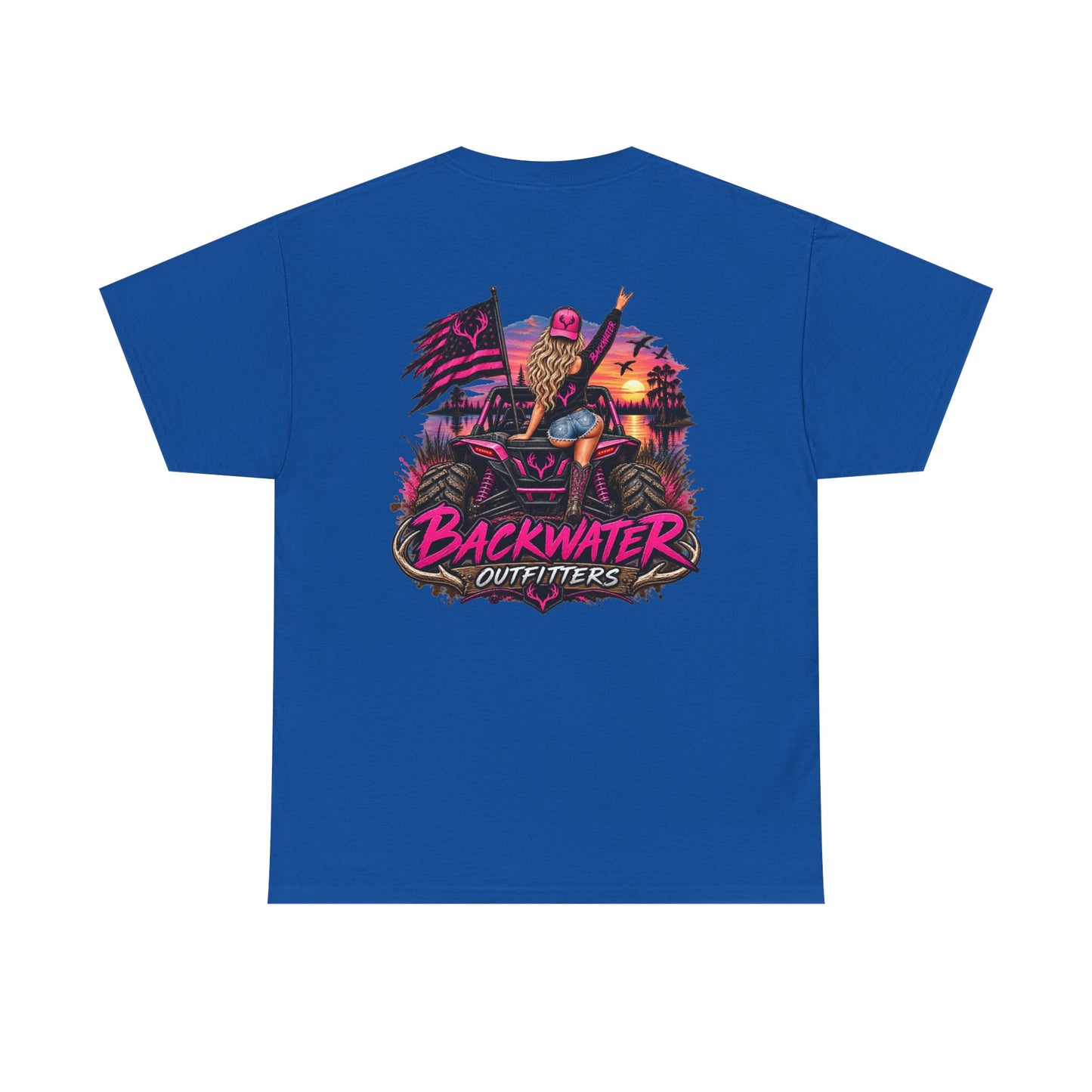 Backwater Outfitters Graphic Tee — Retro Sunset Fishing ATV Shirt