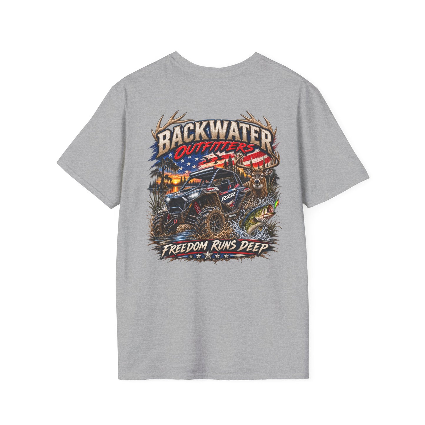 Backwater Outfitters Fishing T-Shirt — Rustic Boat & Campfire Graphic