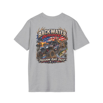 Backwater Outfitters Fishing T-Shirt — Rustic Boat & Campfire Graphic