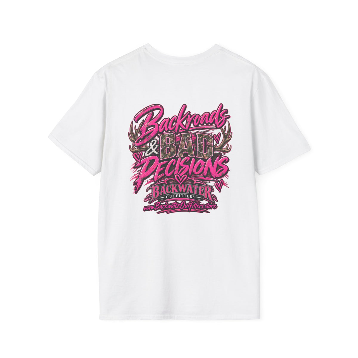 Women T-Shirt — "Backwater & Bad Decisions" Graphic Tee (Pink Palm Beach Vibes) Printify