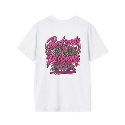 Women T-Shirt — "Backwater & Bad Decisions" Graphic Tee (Pink Palm Beach Vibes) Printify