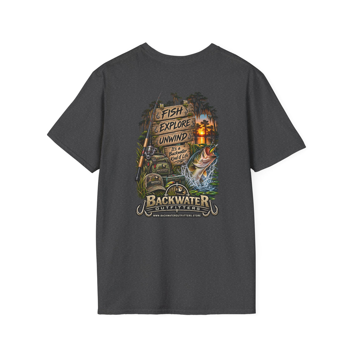 Backwater Fishing T-Shirt — "Fish Explore Unwind" Outdoor Angler Tee Printify