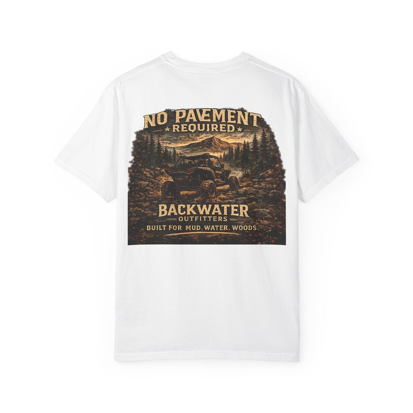 Backwater Outfitters T-Shirt — “No Pavement Required” Off-Road Adventure Tee