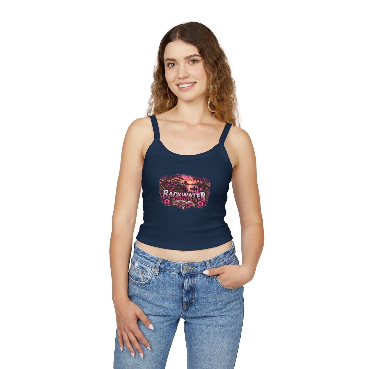 Backwater Outfitters Women's Crop Tank Top – Retro Sunset Fishing Graphic