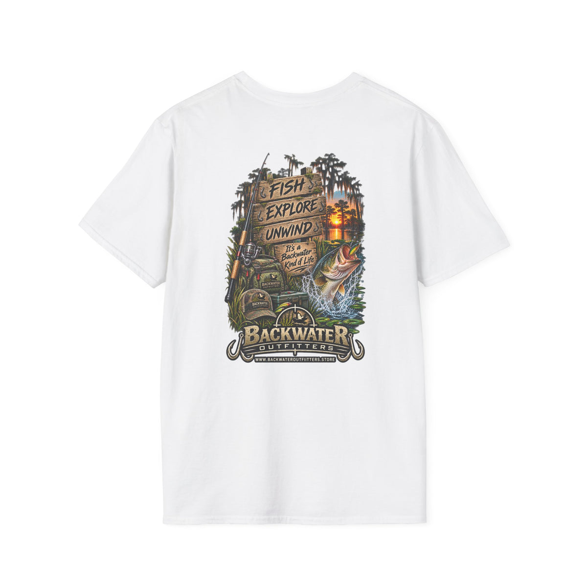 Backwater Fishing T-Shirt — "Fish Explore Unwind" Outdoor Angler Tee Printify