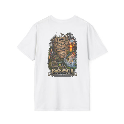 Backwater Fishing T-Shirt — "Fish Explore Unwind" Outdoor Angler Tee Printify