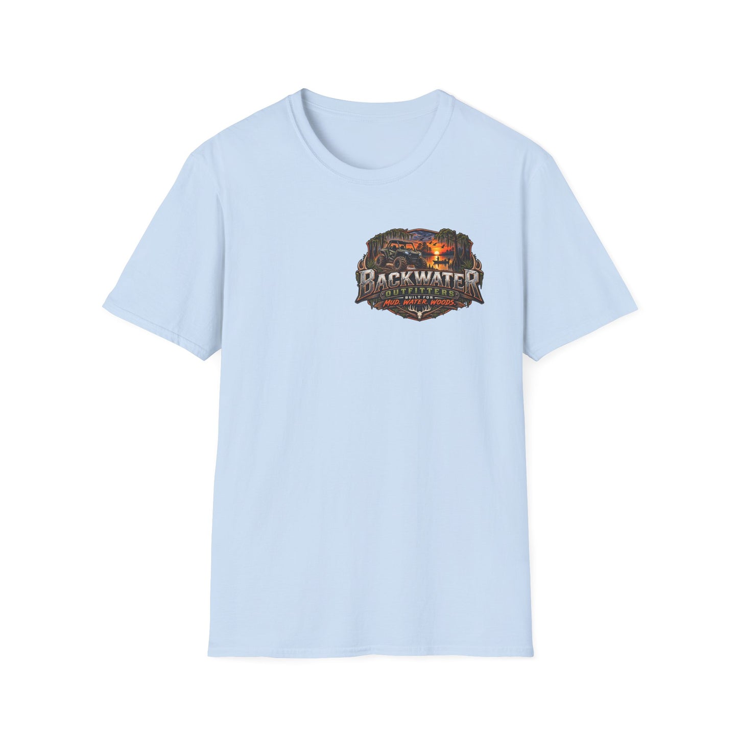 Backwater Outfitters Fishing T-Shirt — Rustic Boat & Campfire Graphic