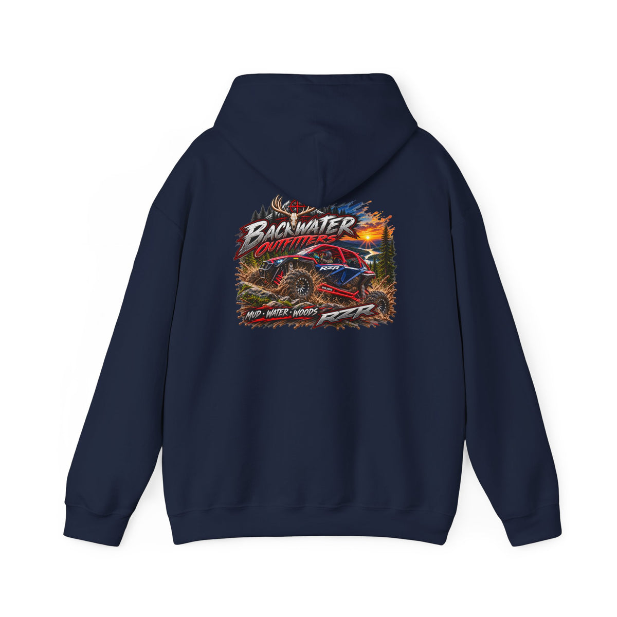 Backwater Outfitters Hoodie — American Flag Outdoor Fishing & Off-Road Pullover Printify