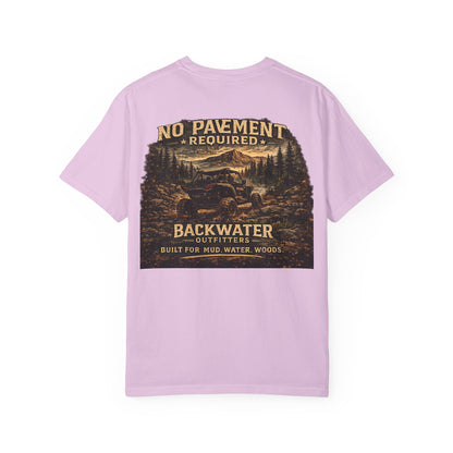 Backwater Outfitters T-Shirt — “No Pavement Required” Off-Road Adventure Tee
