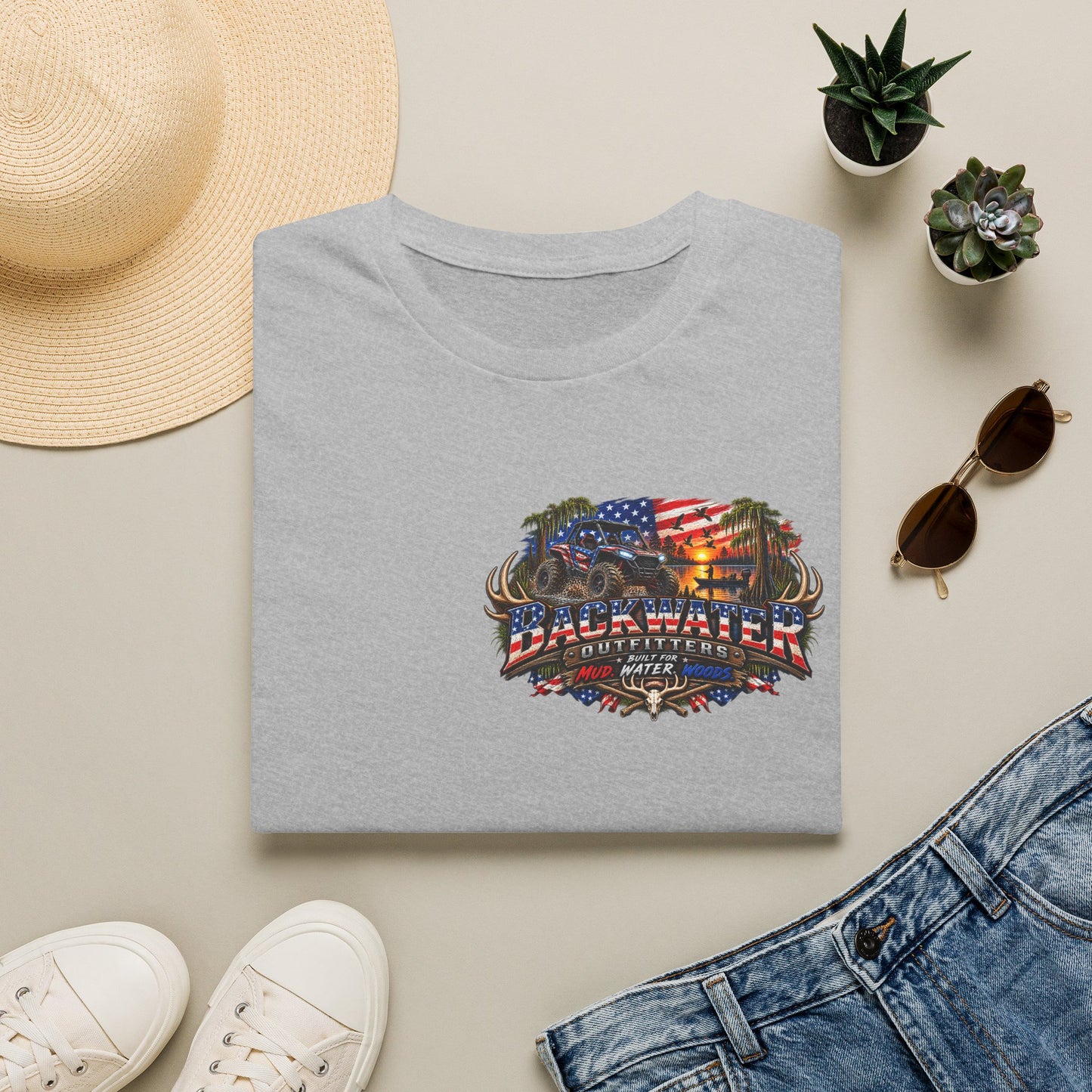 Backwater Bass Fishing T-Shirt — American Flag Boat Graphic Tee