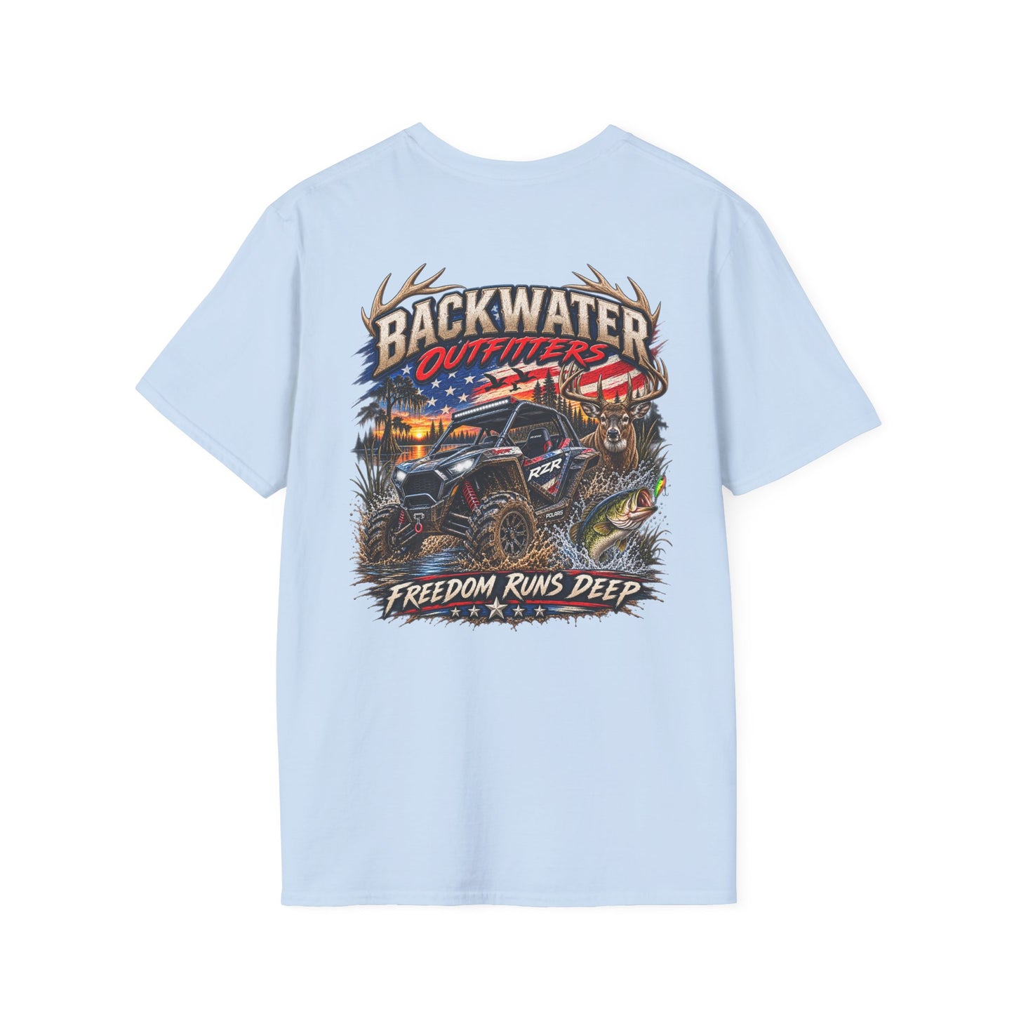 Backwater Outfitters Fishing T-Shirt — Rustic Boat & Campfire Graphic