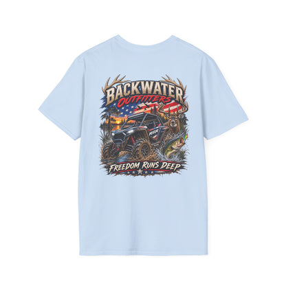 Backwater Outfitters Fishing T-Shirt — Rustic Boat & Campfire Graphic