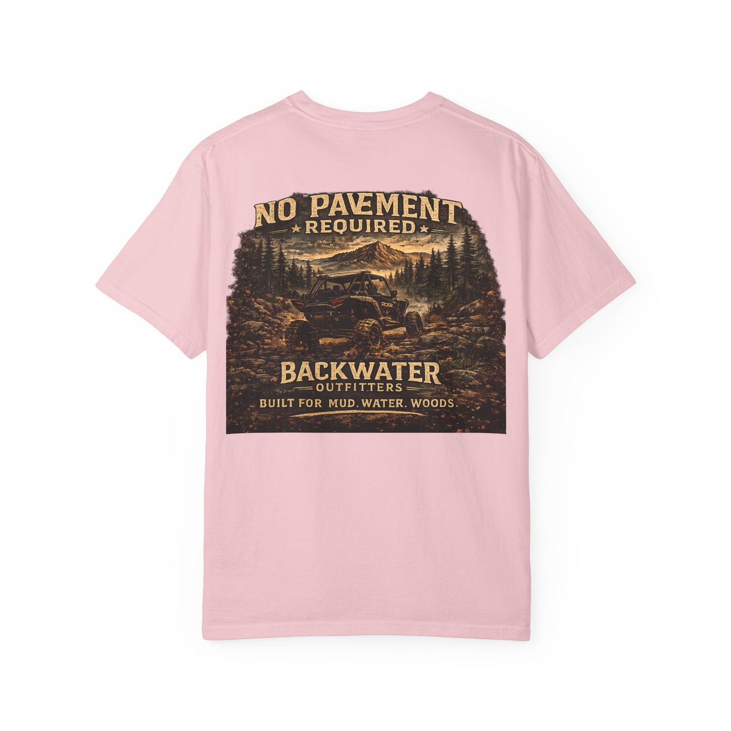 Backwater Outfitters T-Shirt — “No Pavement Required” Off-Road Adventure Tee