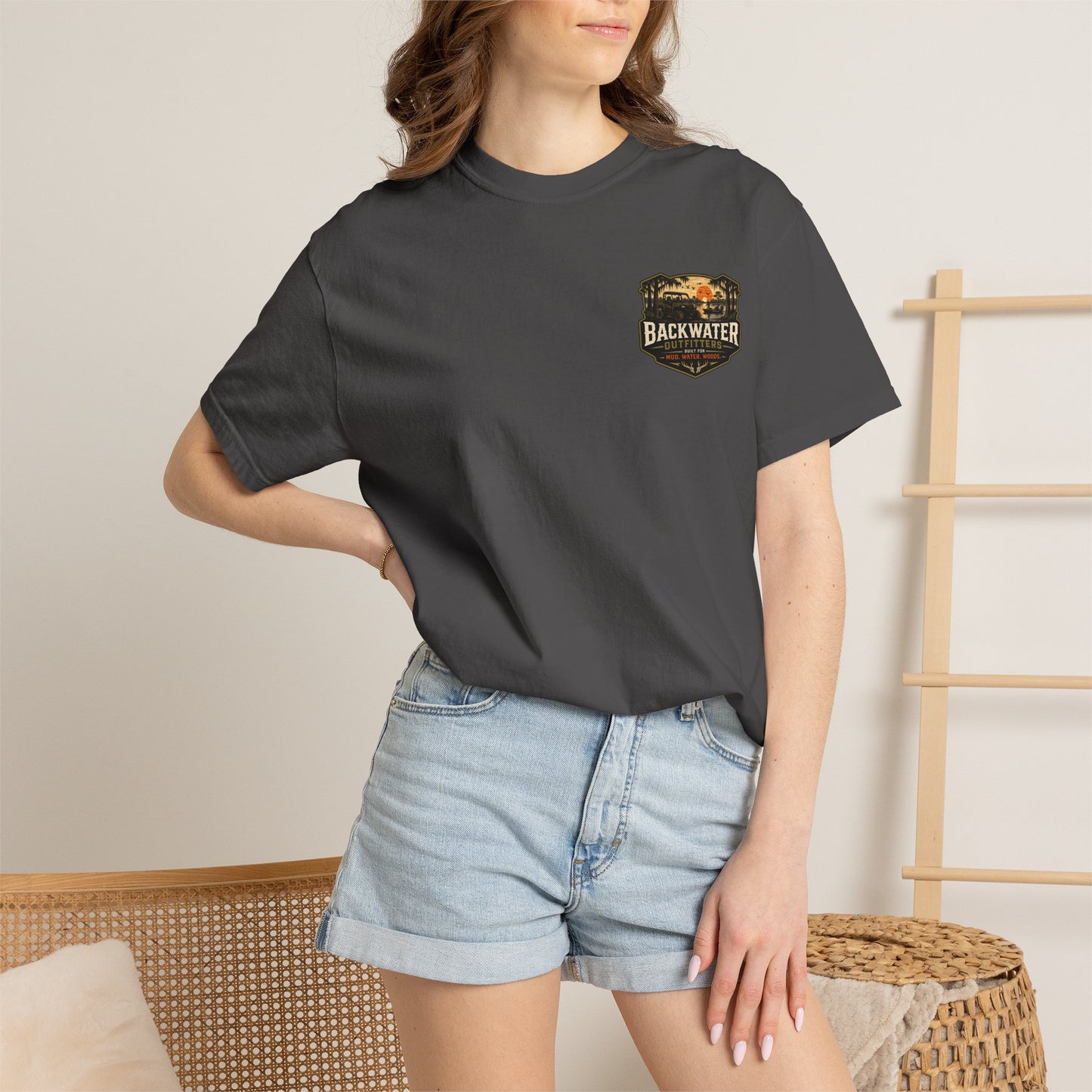 Backwater Outfitters Sunset Canoe T-Shirt — "Built for Mud. Water. Woods."