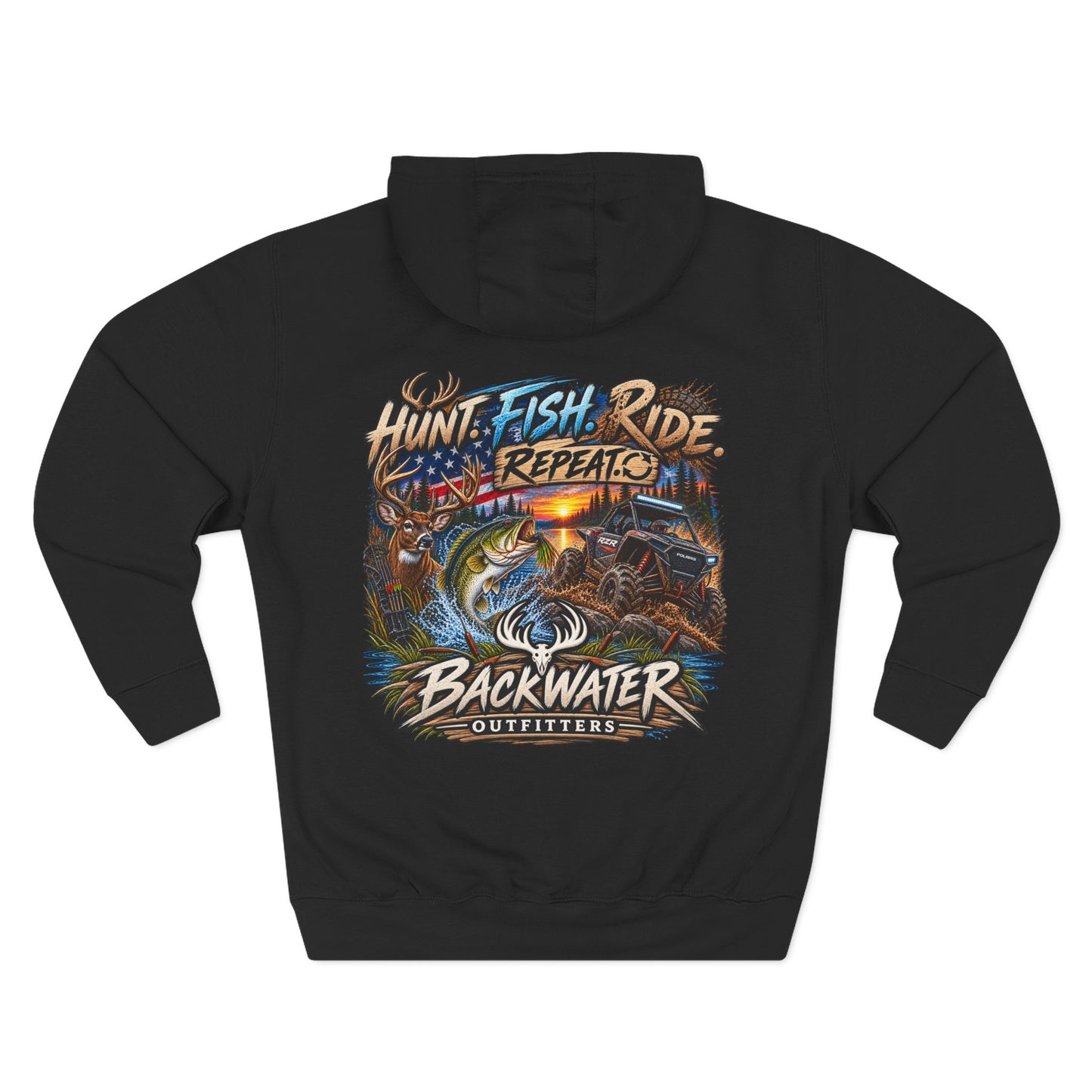 Backwater Outfitters Hoodie — "Hunt Fish Ride Repeat" Outdoor Graphic Pullover