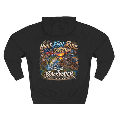 Backwater Outfitters Hoodie — "Hunt Fish Ride Repeat" Outdoor Graphic Pullover