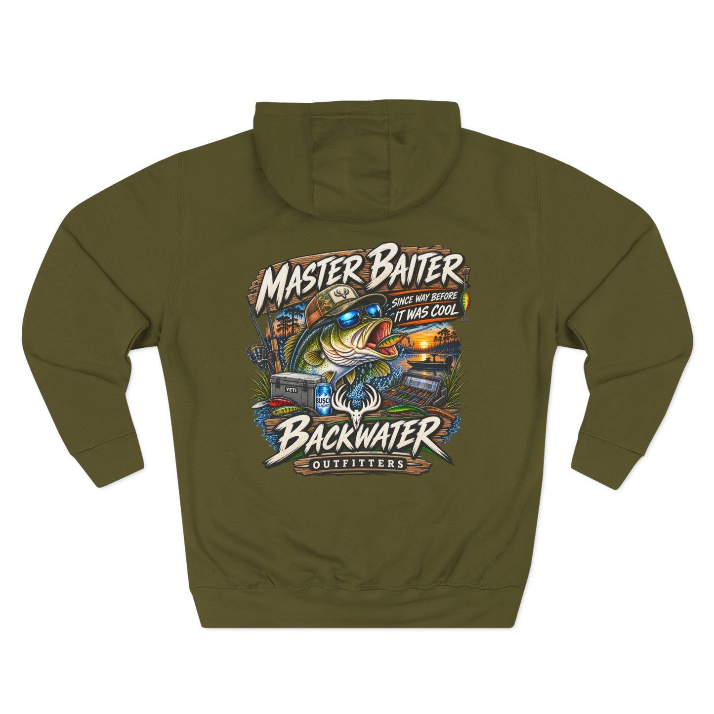 Backwater Outfitters Fishing Hoodie — "Master Baiter" Graphic Pullover