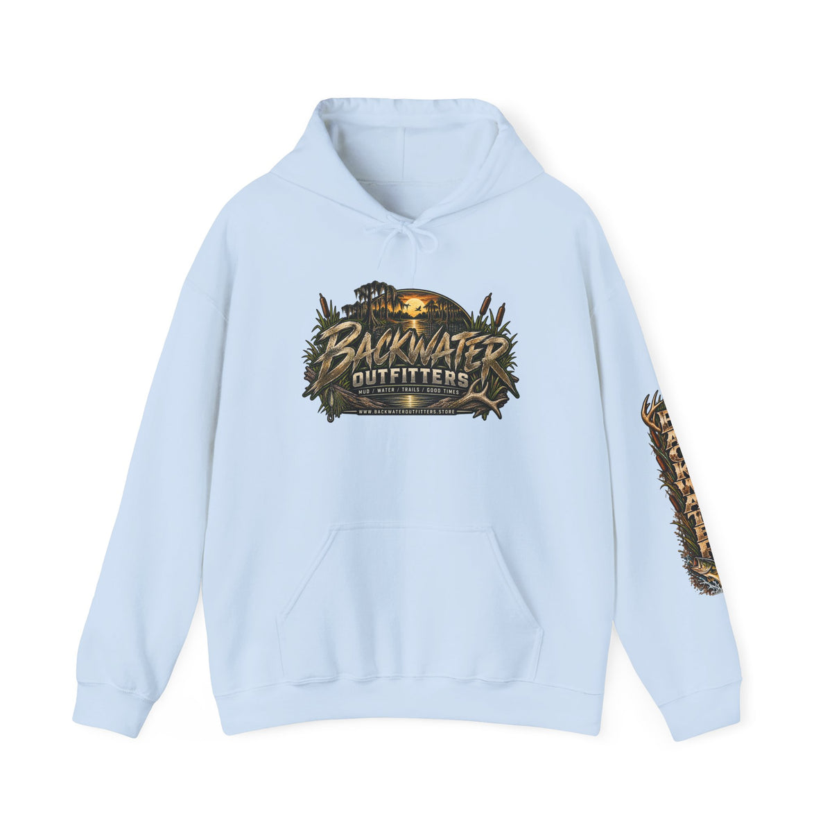 Simply Backwater Outfitters Hoodie — Outdoor Fishing Sunset Graphic Pullover Printify