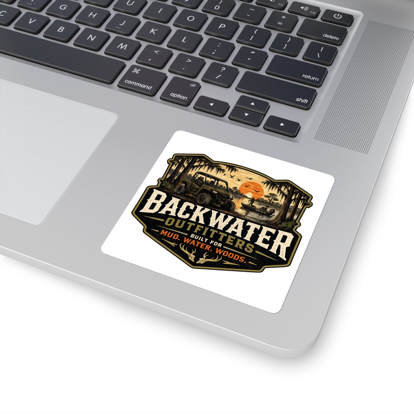 Backwater Outfitters Square Sticker — Mud, Water, Woods Outdoor Adventure Decal