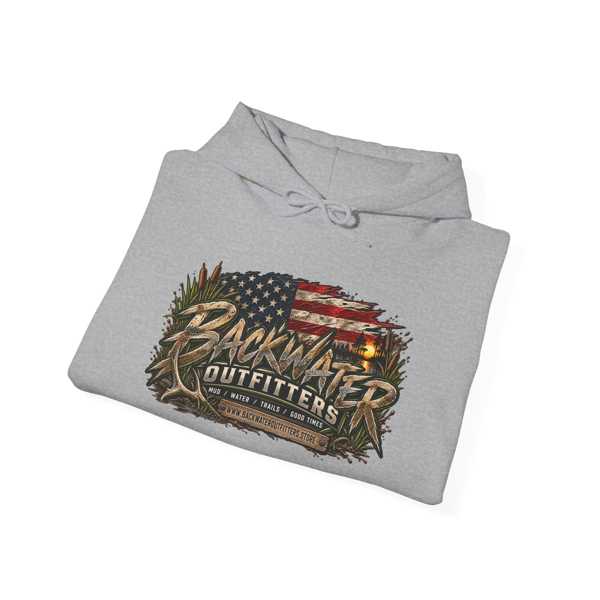 Backwater Outfitters Hoodie — American Flag Outdoor Fishing & Off-Road Pullover Printify