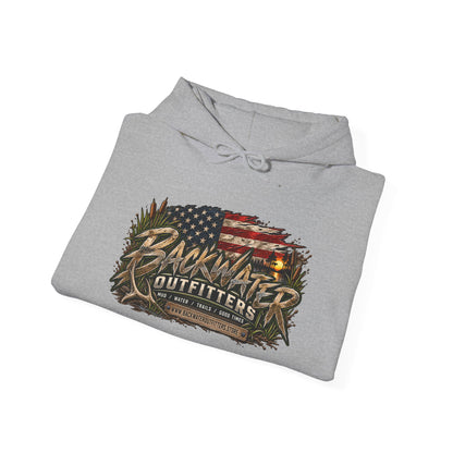 Backwater Outfitters Hoodie — American Flag Outdoor Fishing & Off-Road Pullover Printify