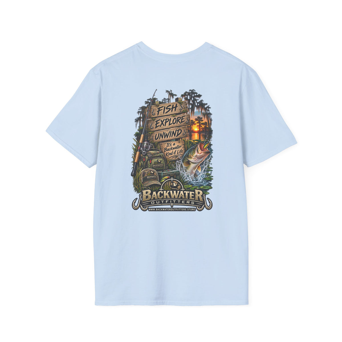 Backwater Fishing T-Shirt — "Fish Explore Unwind" Outdoor Angler Tee Printify