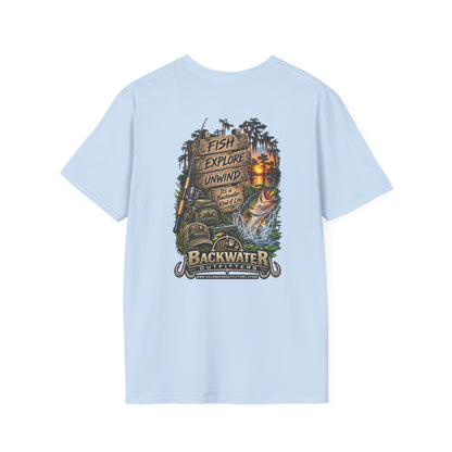 Backwater Fishing T-Shirt — "Fish Explore Unwind" Outdoor Angler Tee Printify