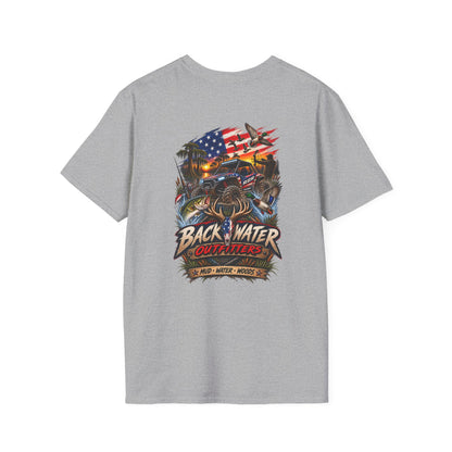 Backwater Bass Fishing T-Shirt — American Flag Boat Graphic Tee