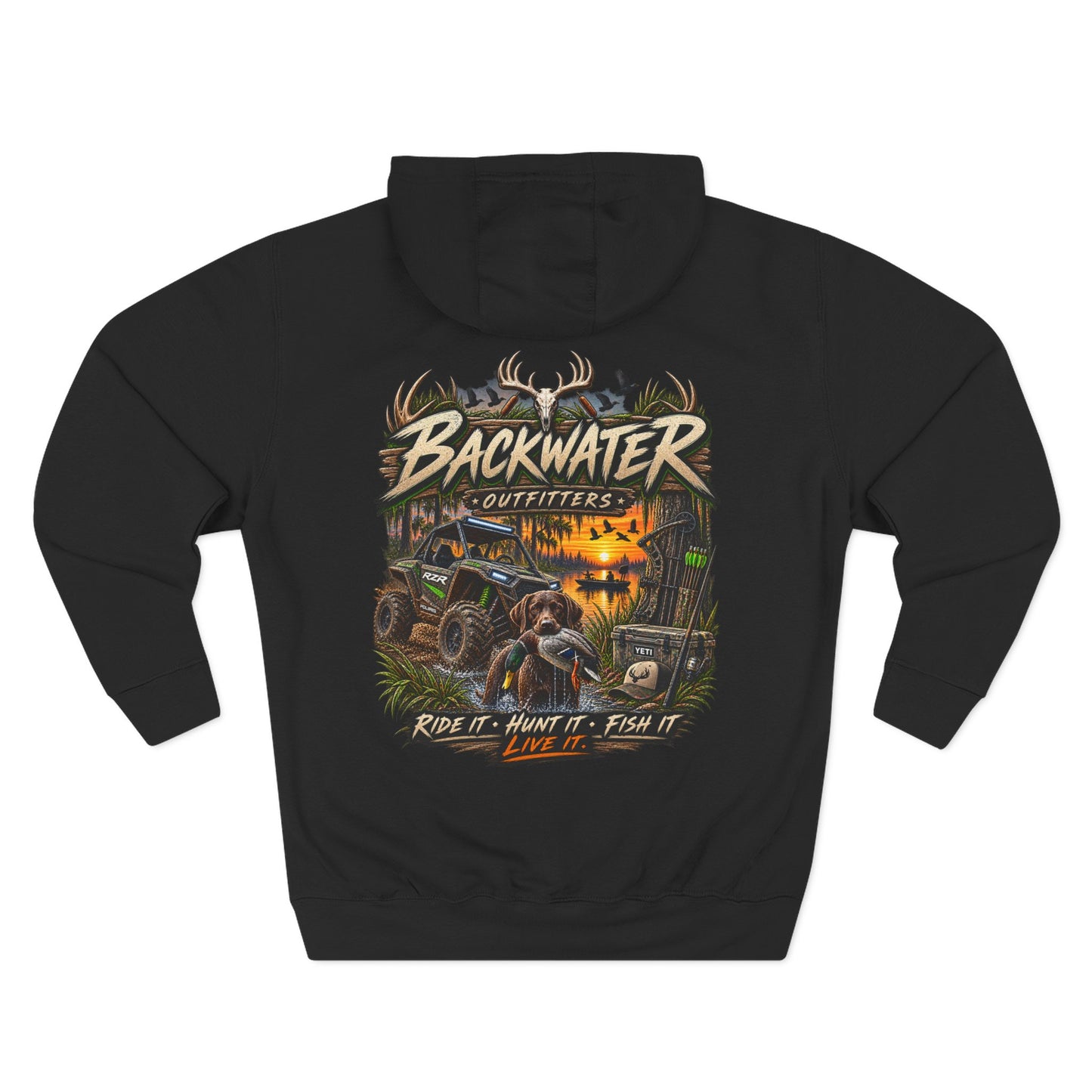 Backwater Outfitters Hoodie — Ride It, Hunt It, Fish It Graphic Pullover