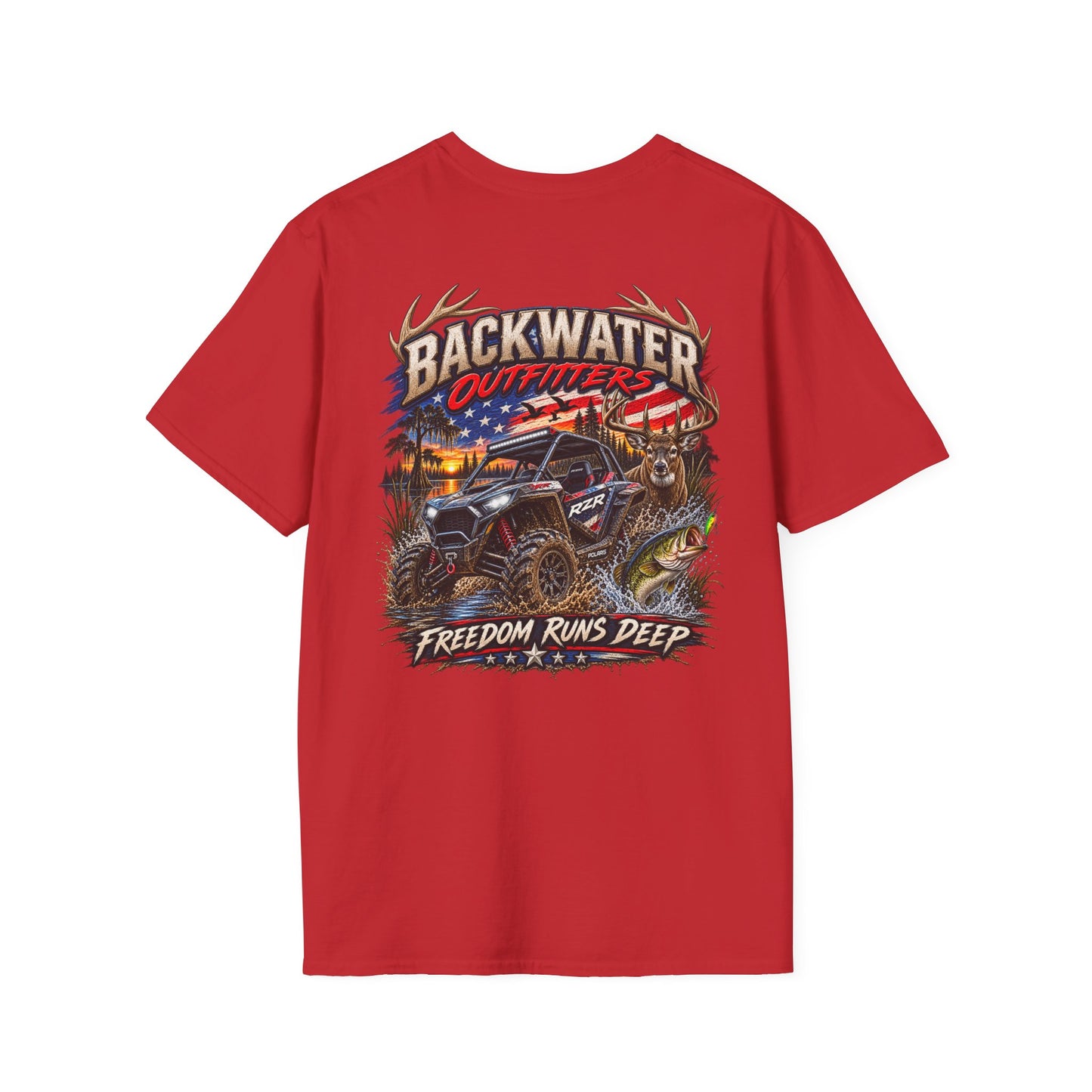 Backwater Outfitters Fishing T-Shirt — Rustic Boat & Campfire Graphic