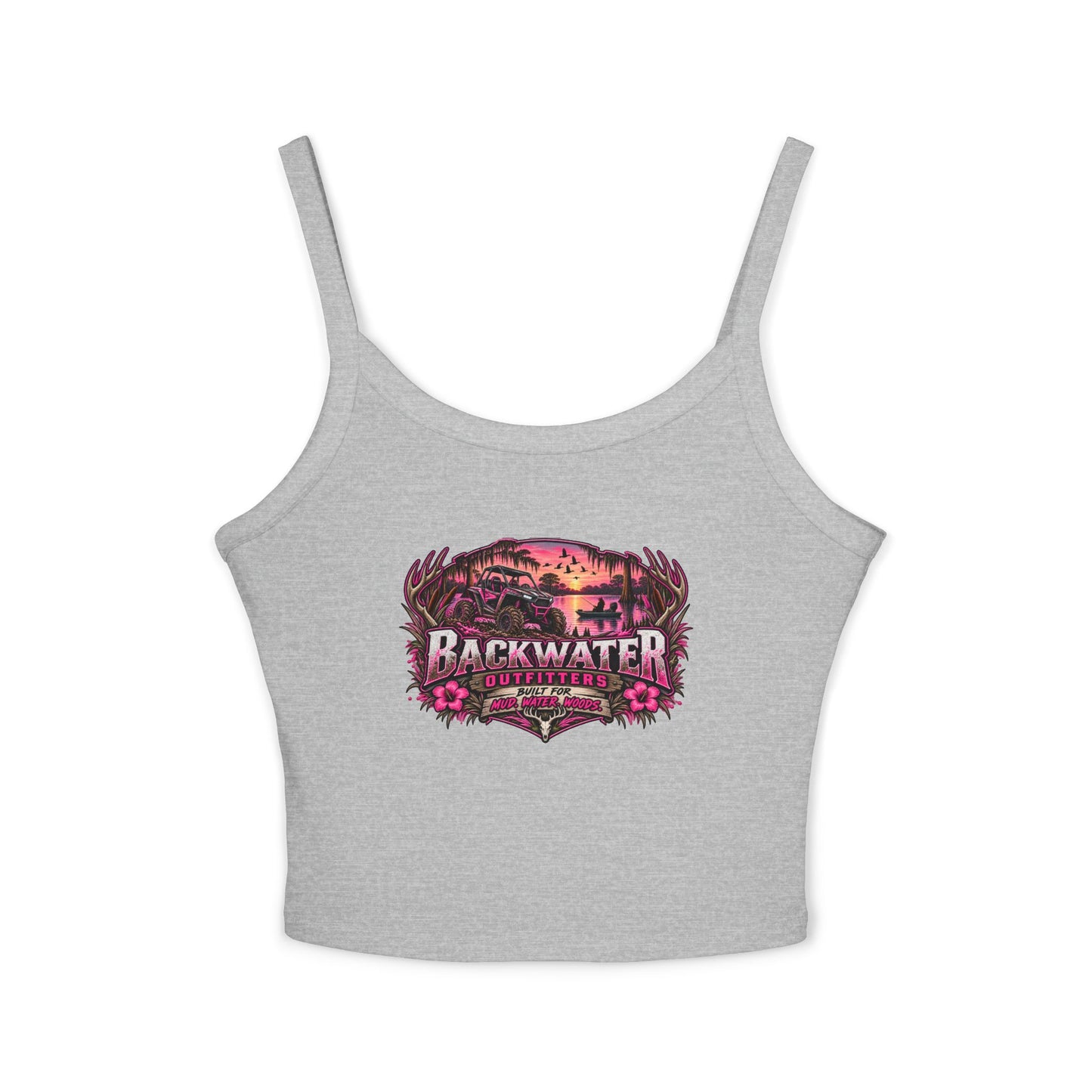 Backwater Outfitters Women's Crop Tank Top – Retro Sunset Fishing Graphic