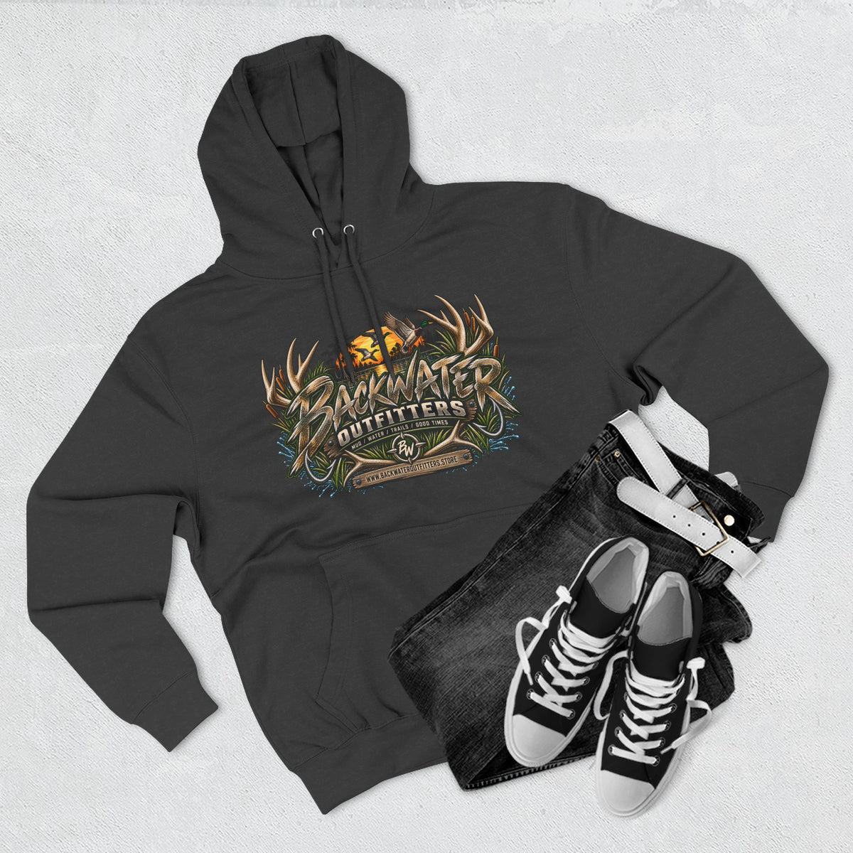 Backwater Outfitters Hoodie — Off‑Road Adventure Fleece Pullover Printify