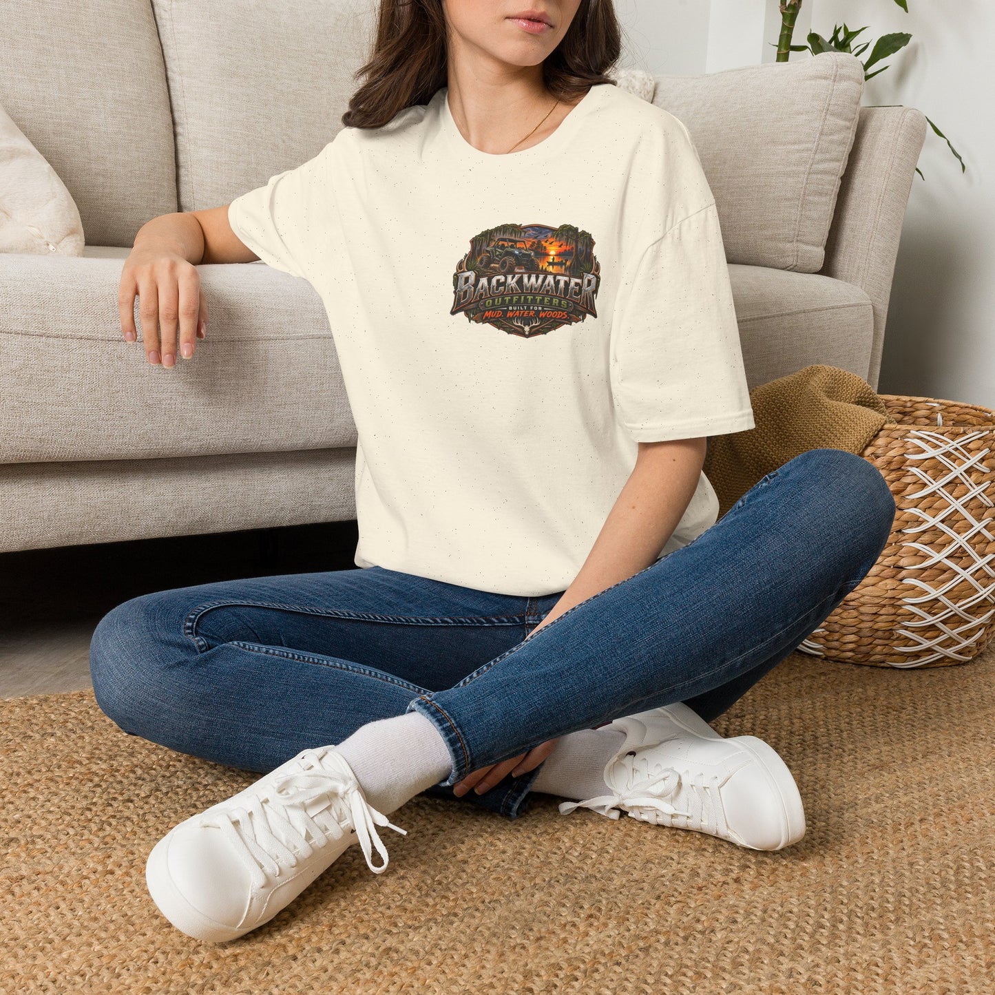 Backwater Outfitters Fishing T-Shirt — Rustic Boat & Campfire Graphic